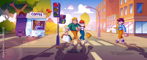 People walking on pedestrian crosswalk on city street. Cartoon vector illustration of summer urban landscape with asphalt road with traffic light, park area with coffee truck, skyscrapers and pavement