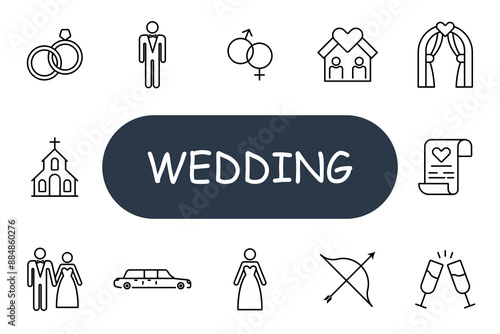 Wedding set icon. Various wedding elements including rings, bride, groom, church, limousine, cake, celebration, vows, ceremony, love, marriage, event, reception, party, engagement, decor.