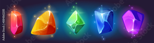 Gem stone crystals with magic neon glow effect. Cartoon vector illustration set of fantasy colorful luminous diamonds for game ui design. Bright precious treasure gemstones. Shiny jewel rock pieces.