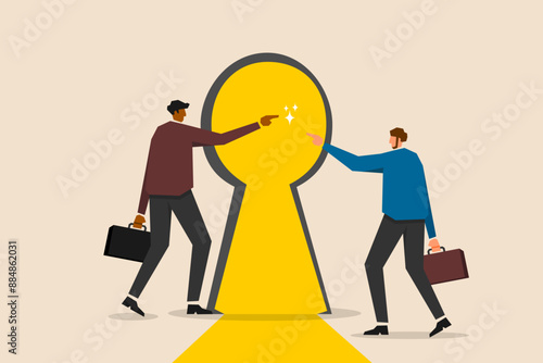 Key to success, promising future in business opportunities, new challenges and freedom concept, curious businessman reaching for the glowing keyhole, beginning the journey to achieve business goals.