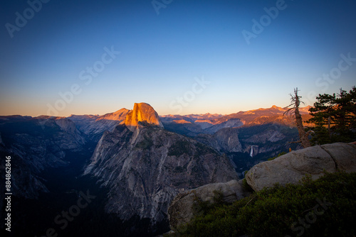 Half Dome from Glacier Point at sunset wide angle photo