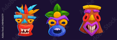Hawaiian totem tiki mask. Hawaii or Polynesian island ancient native tribal statue head with cute scary faces. Cartoon vector set of traditional Mayan indigenous culture wooden ritual sculpture.