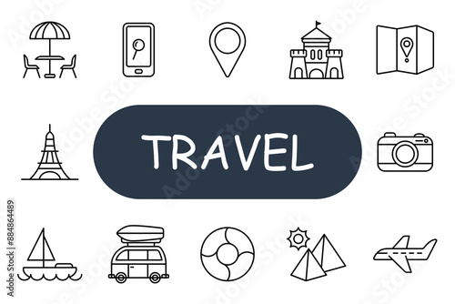 Travel set icon. Table, phone, map, camera, monument, boat, van, lifebuoy, pyramid, sun, plane, direction, trip, tourism, journey, landmark, adventure, navigation, vacation.
