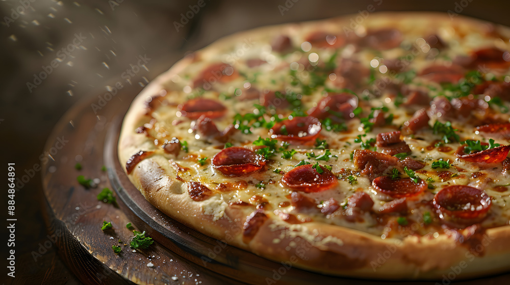 Top view on Italian appetizing pizza pepperoni with salami, horizontal Top view on Italian appetizing pizza pepperoni with salami, horizontal