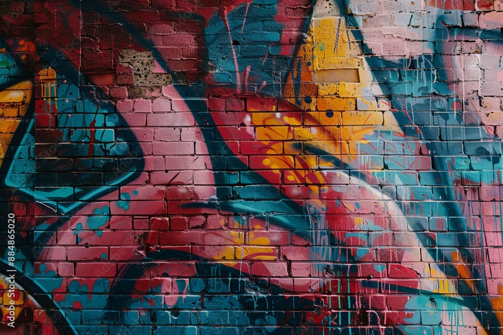 Obraz premium Abstract graffiti art on a brick wall, with vibrant colors and dynamic shapes.