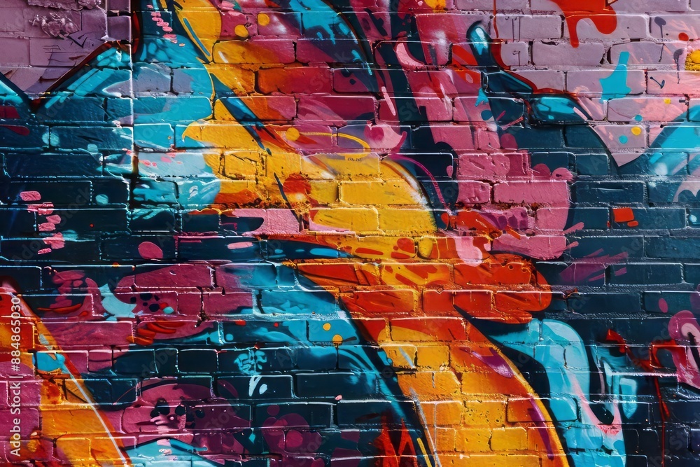 Naklejka premium Abstract graffiti art on a brick wall, with vibrant colors and dynamic shapes