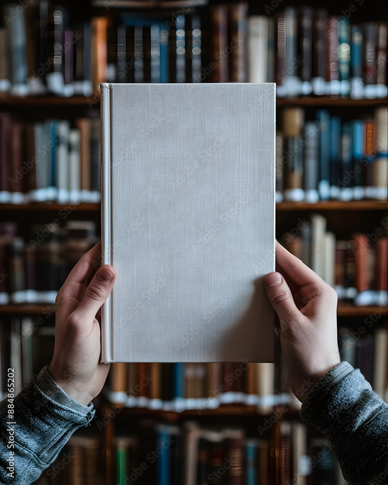A person is holding a book in a library. The book is white and has no writing on it. The library is filled with many books, some of which are on the shelves and others are on the floor A person is holding a book in a library. The book is white and has no writing on it. The library is filled with many books, some of which are on the shelves and others are on the floor
