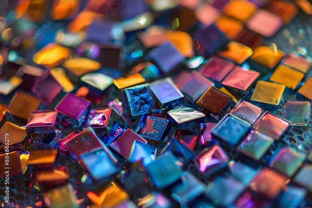 An abstract mosaic of tiny, colorful tiles arranged in a random pattern, neon colors An abstract mosaic of tiny, colorful tiles arranged in a random pattern, neon colors