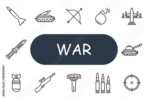 War set icon. Missile, tank, bow, bomb, airplane, knife, rifle, bullets, target, protest, weapon, conflict, combat, military, explosion, artillery, ammunition, violence, battle.