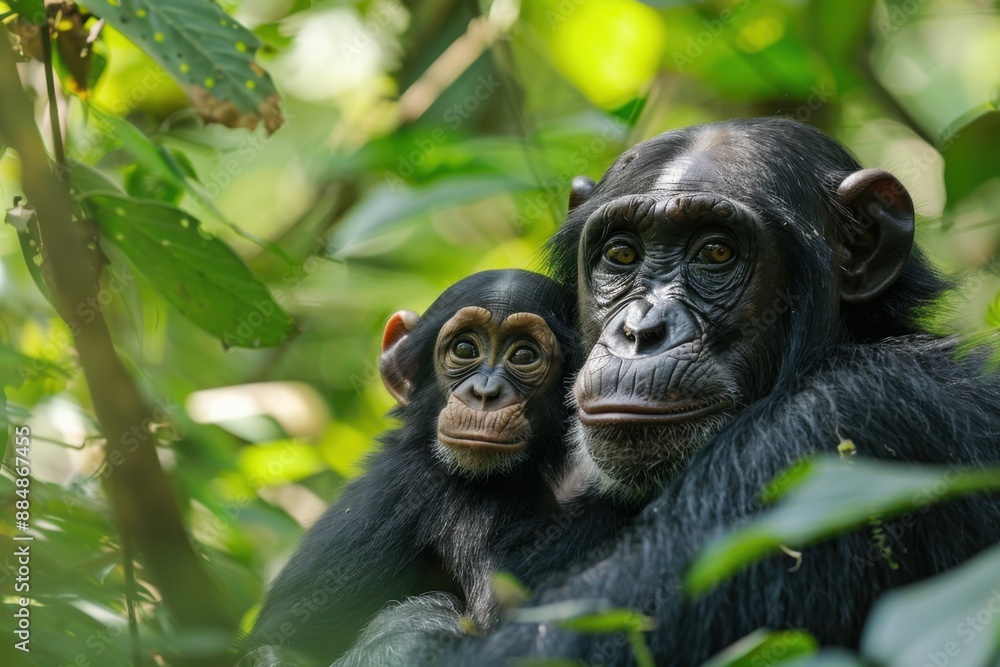 A chimpanzee mother and baby in a protected forest, underscoring primate conservation A chimpanzee mother and baby in a protected forest, underscoring primate conservation