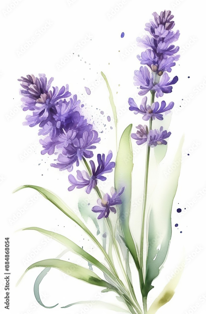 Obraz premium Lavender watercolor background. Delicate flower bouquet on a white background. Spring-summer banner template