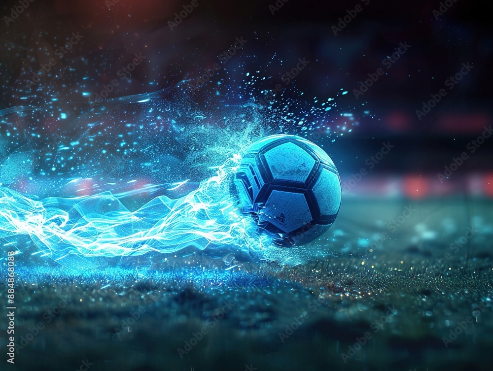 Fototapeta Dynamic soccer ball with blue energy trail on a field at night.
