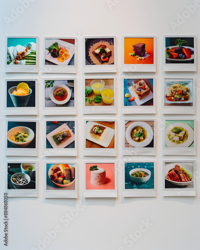 A wall of food pictures with a blue background. The pictures are of different types of food, including pizza, salad, and desserts. Scene is cheerful and inviting