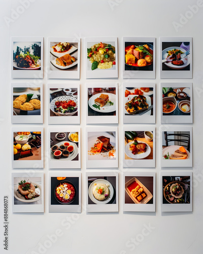 A collection of food pictures on a wall. The mood of the images is light and cheerful, with a variety of dishes from different cuisines