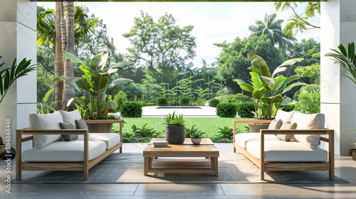 A minimalist patio with high quality teak furniture  a single potted plant  and a view of a well-manicured garden
