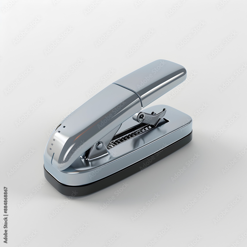 A silver stapler with a black handle sits on a white background. The stapler is open and ready to use A silver stapler with a black handle sits on a white background. The stapler is open and ready to use