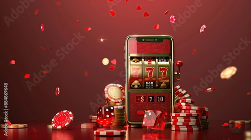 Banner of mobile online casino application with 777 big win slot machine. Poster with online mobile app casino and Jackpot 777. Image of online casino.