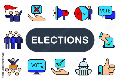 Elections set icon. Voting, ballot, campaign, candidate, megaphone, government, vote, participation, speech, online voting, check mark, election day, democracy, poll, political, debate.