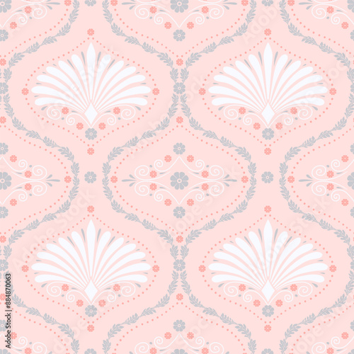 Seamless pattern with white anthemion floral shapes and ogee geometrical motifs on a pastel pink background. Classic abstract repeat wallpaper.