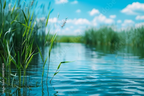a close up of the water surface with reeds and grass in foreground, blurred background of blue sky and green vegetation, reflections on calm waters, idyllic natural landscape, photo taken by Sony Alph