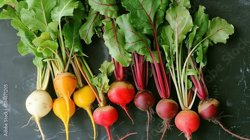   Radishes arranged in a cluster on a black background, garnished with green foliage