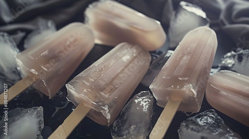   A collection of Popsicles stacked on one another atop ice cubes placed on a tabletop
