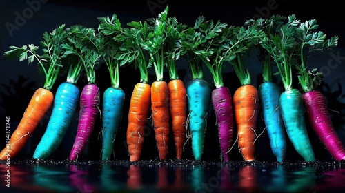   A group of colorful carrots arranged on a dark background with surrounding green foliage