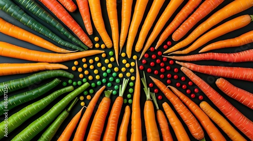   A carrot arrangement in the form of a star with a crimson dot at its center