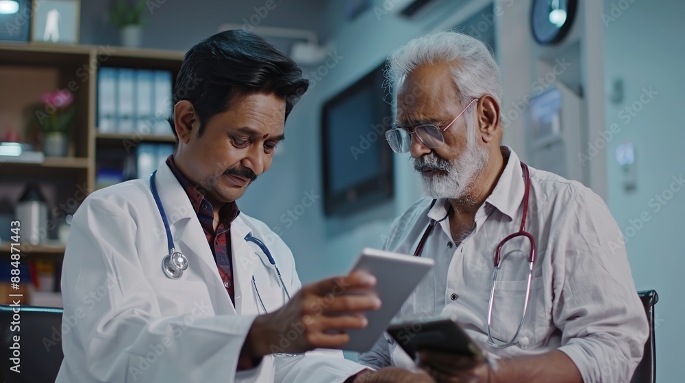 Happy geriatric young doctor and senior Indian patient man discussing modern technology, healthcare, using digital tablet together. copy space for text. Happy geriatric young doctor and senior Indian patient man discussing modern technology, healthcare, using digital tablet together. copy space for text.