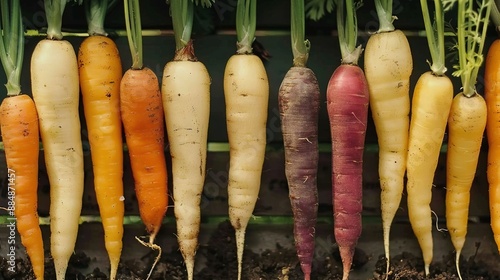   Carrots of various hues dangle on a line, forming a vibrant display in a garden's produce section