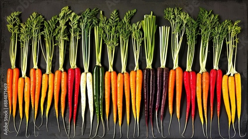   A line of carrots and radishes arranged on a dark surface against a black backdrop