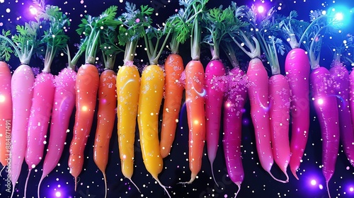  A variety of carrots painted in pink, orange, yellow, and green hues