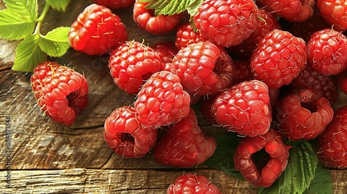   Raspberries on wooden table with plant nearby