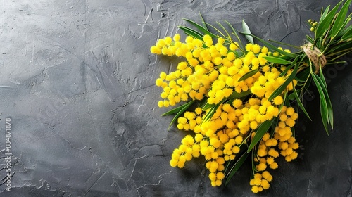   Yellow flowers on black table, surrounded by green leaves