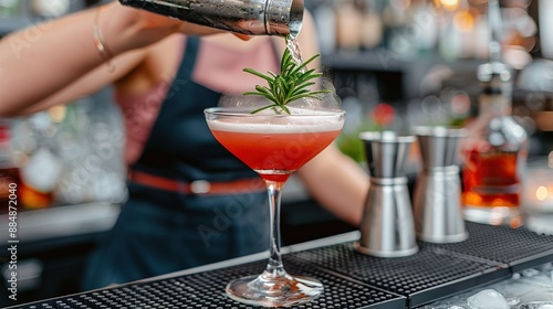   Bartender pour cocktail into tall stemmed glass with rosemary sprig on rim