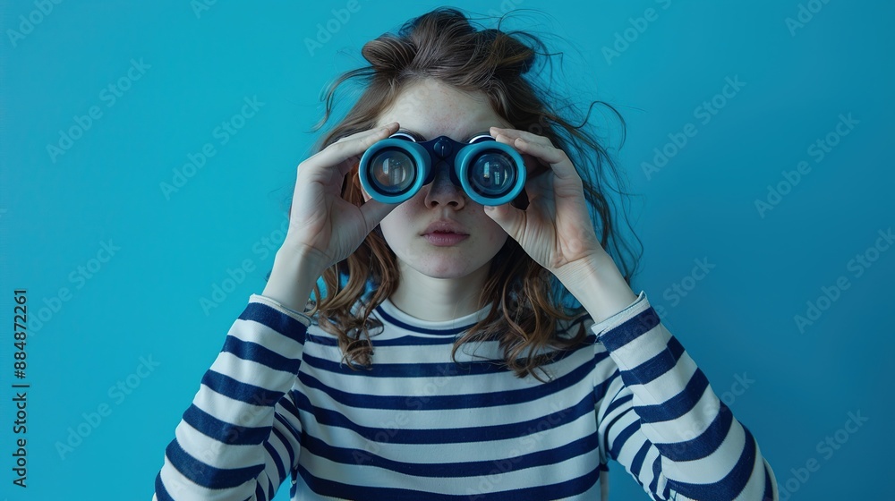 A woman looking through binoculars against a blue background A woman looking through binoculars against a blue background