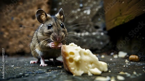   A mouse eating cheese and bread on the ground