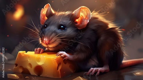   A mouse perched atop a slice of cheese, adjacent to another slab on a table
