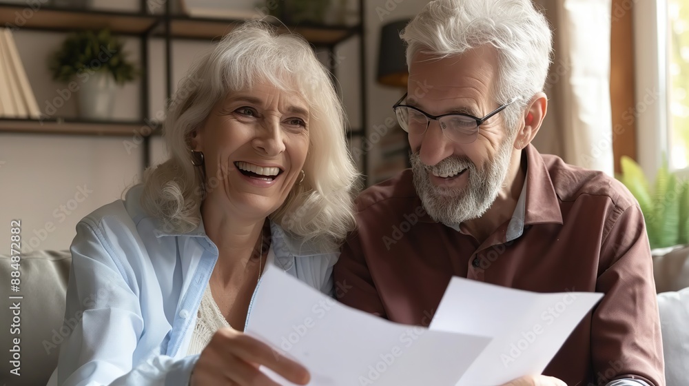 Happy satisfied senior retired couple reading legal document, financial report, paper insurance agreement, getting good news, investment income. copy space for text. Happy satisfied senior retired couple reading legal document, financial report, paper insurance agreement, getting good news, investment income. copy space for text.