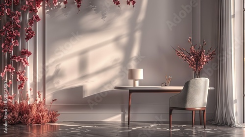   A chair sits next to a table with a vase of flowers and a lamp