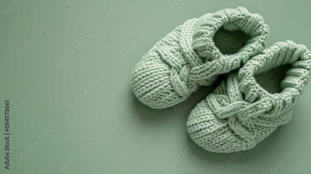 Another pair of knitted baby shoes on a green background Another pair of knitted baby shoes on a green background