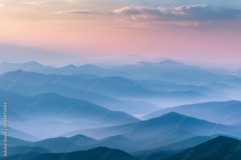 beautiful layered mountains in misty foggy weather, pastel colors, sky with soft clouds, horizon line, beautiful photography, view from top of mountain, sunrise, rule of thirds composition, national g beautiful layered mountains in misty foggy weather, pastel colors, sky with soft clouds, horizon line, beautiful photography, view from top of mountain, sunrise, rule of thirds composition, national g