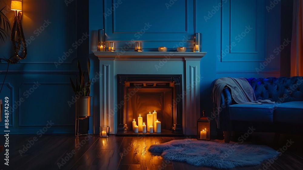Cozy Fireplace with Candles in a Blue Living Room Cozy Fireplace with Candles in a Blue Living Room