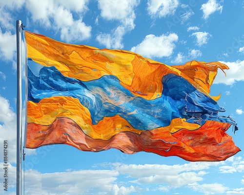 Colorful flag waving in the wind against a blue sky with white clouds. photo