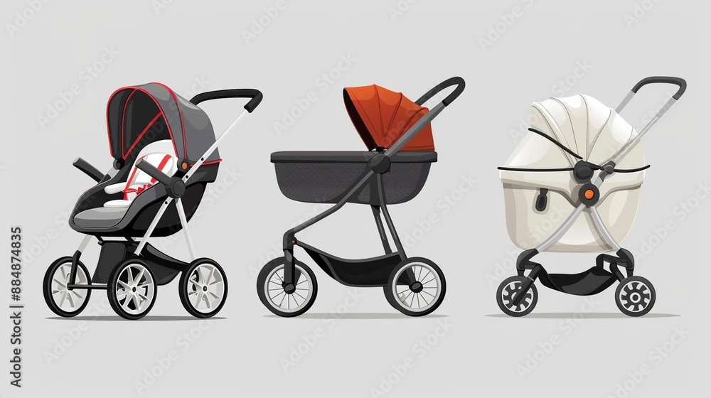 Modern set collection of baby stroller pushchair carriage on wheels for babies or children newborn essential care gear in different stylish designs. Modern set collection of baby stroller pushchair carriage on wheels for babies or children newborn essential care gear in different stylish designs.