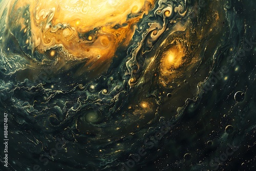 Create an artwork depicting a closeup view of Jupiter s turbulent atmosphere, showcasing the intricate patterns and massive storms. photo