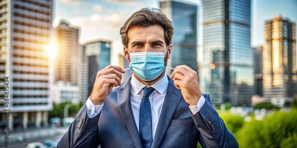 Confident businessman removes face mask, revealing a determined expression, standing in a vibrant urban cityscape, symbolizing freedom and ambition in a post-pandemic world. Confident businessman removes face mask, revealing a determined expression, standing in a vibrant urban cityscape, symbolizing freedom and ambition in a post-pandemic world.