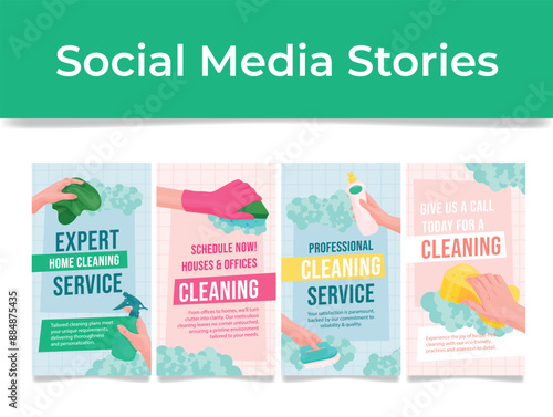 Professional cleaning service advertising social media stories design template set isometric vector