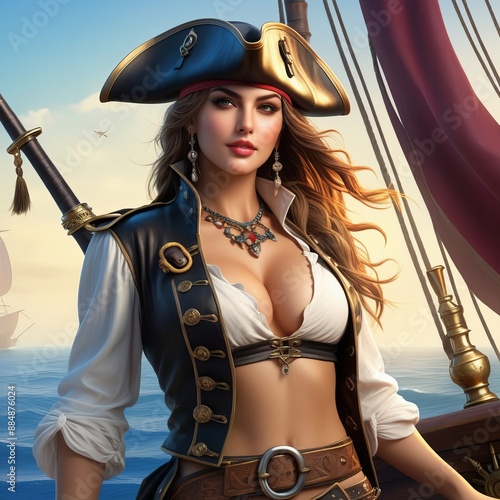 Portrait of a female pirate sailor standing on the deck of her ship armed and ready for battle