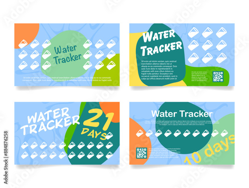 Drinking water tracker card for control aqua balance design template set vector flat illustration